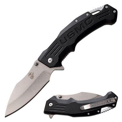 BlackUSMC Drop Point Pocket Knife with Lanyard loop