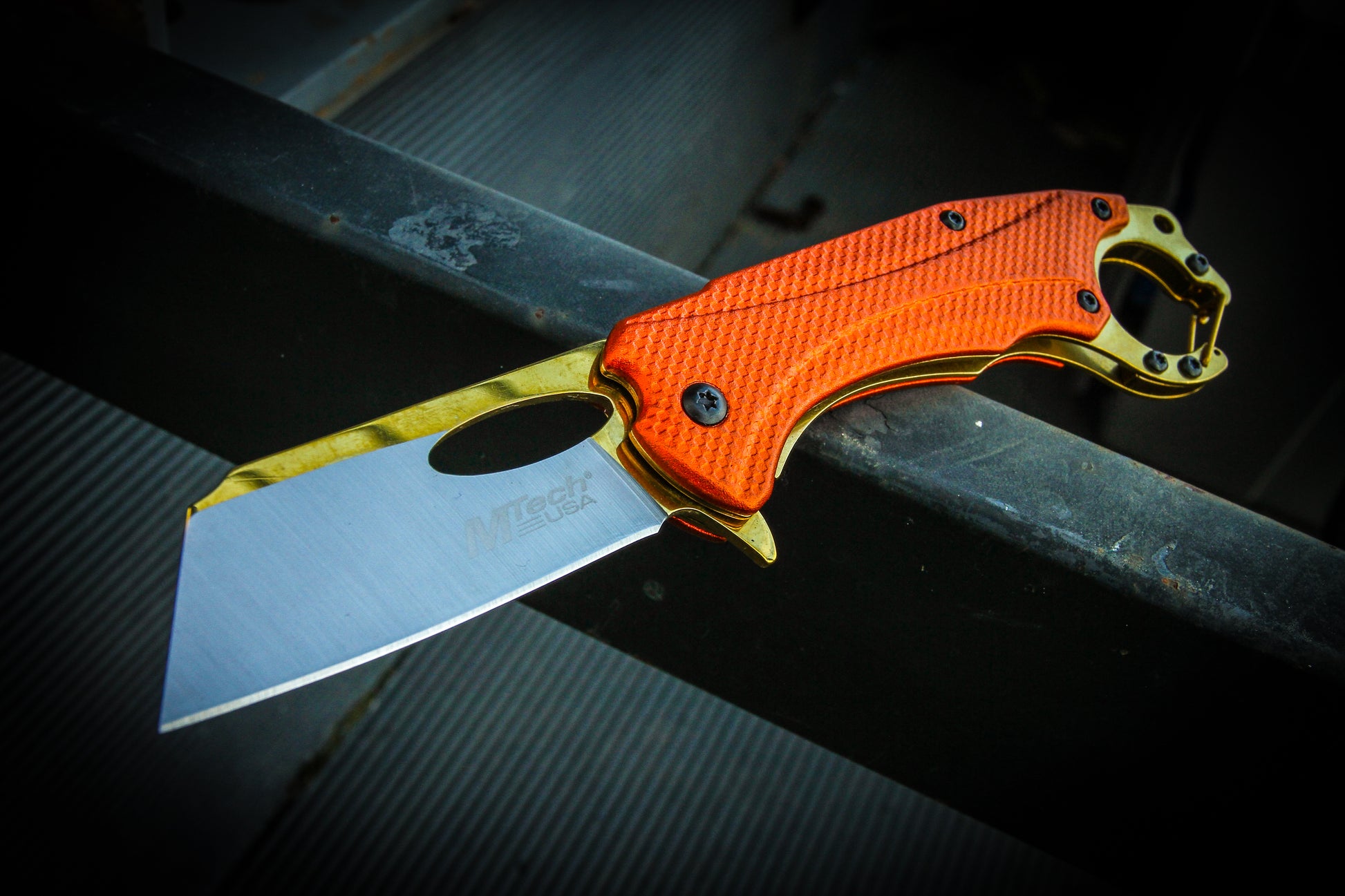 Gold and Orange sheepsfoot point with clip Pocket knife